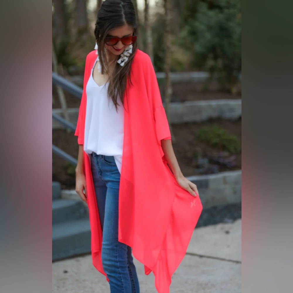 Ruffle Kimono / Swimsuit Cover Up in Neon Coral